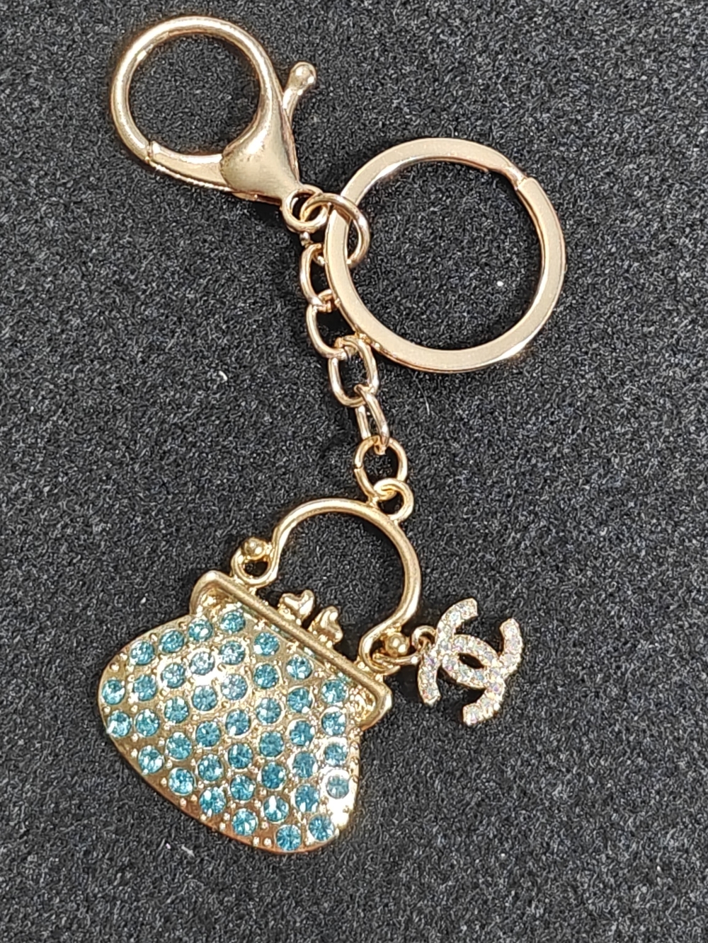 Gold-Tone Handbag Keychain with Aqua Crystals And Iridescent CC charm